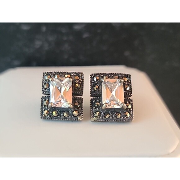 925 Sterling Silver CZ Marcasite Rectangular Post Earrings Vintage - Picture 2 of 11